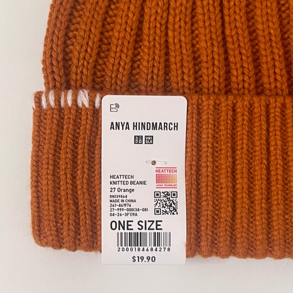 Uniqlo Unisex Anya Hindmarch HEATTECH Knitted Beanie w/ Embroidered Eyes, Orange - Picture 2 of 7
